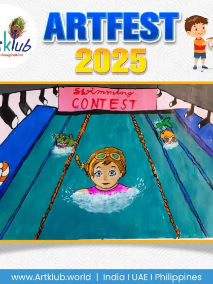 A senior artist's depiction of a swimming contest, complete with frogs and fish cheering on the swimmer.