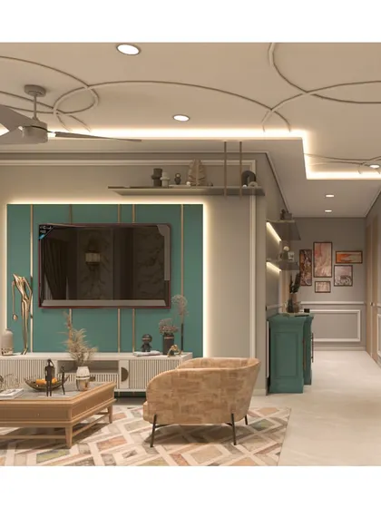Another view of the Ghatkopar project render, showing the intricate ceiling design and a mix of vibrant colors and textures.