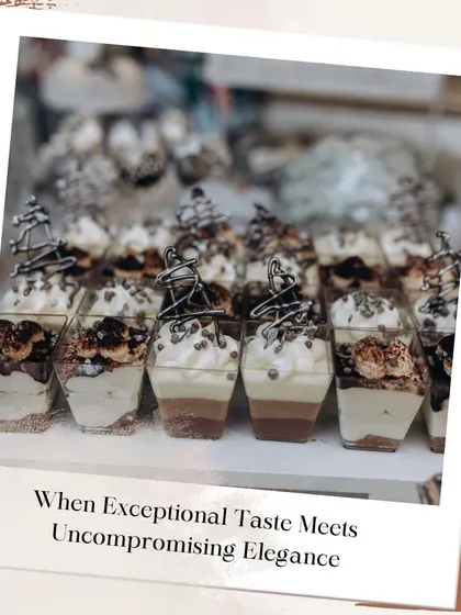 A close-up of my elegant dessert cups. These layered chocolate and cream desserts are an example of the sophisticated sweet treats I offer to complete your dining experience.