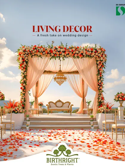 We offer a fresh take on wedding design with 'Living Decor'. This beautiful mandap is adorned with thousands of fresh flowers and living plants, creating a breathtaking and sustainable backdrop for a truly memorable celebration.