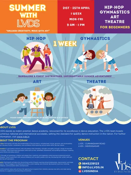 Our summer camps are a whirlwind of creativity and movement. This flyer shows the four main pillars of our program: high energy hip-hop, foundational gymnastics, expressive art workshops, and collaborative theatre games, all designed for beginners.