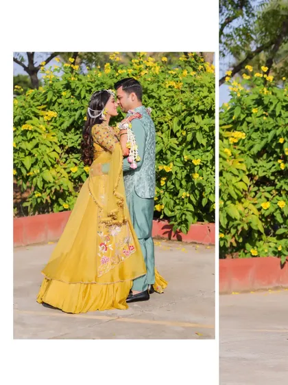 An intimate, romantic portrait of the couple amidst a backdrop of yellow flowers. This image showcases our ability to find quiet, beautiful moments even during lively celebrations.