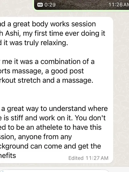 A review from a first-time bodywork client. He describes it as a combination of sports massage and a post-workout stretch, emphasizing that it's beneficial for anyone, not just athletes.