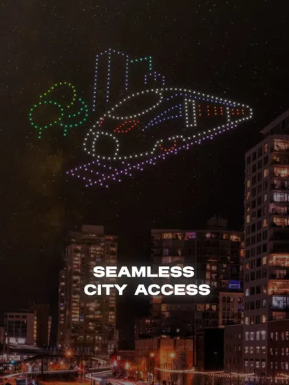We turn real estate launches into spectacles. This image shows a drone formation of a modern transit system, illustrating the theme of 'Seamless City Access' for a new property development.