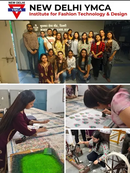 This collage captures moments from our textile dyeing and printing visit, showing students trying block printing and observing weaving techniques.