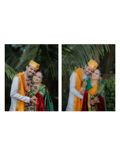 Two portraits showing the couple's happy and affectionate bond, with the groom embracing his bride.
