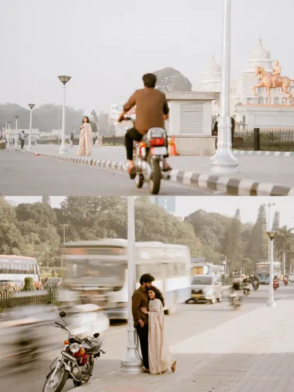 A dynamic shot using motion blur to capture the hustle of the city, with the couple as a calm, still point in the center of it all.