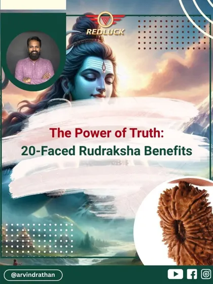 The 20-Faced Rudraksha holds the power of truth and divine speech. This image introduces its benefits for those on a spiritual path, seeking karmic release and recognition for their integrity.