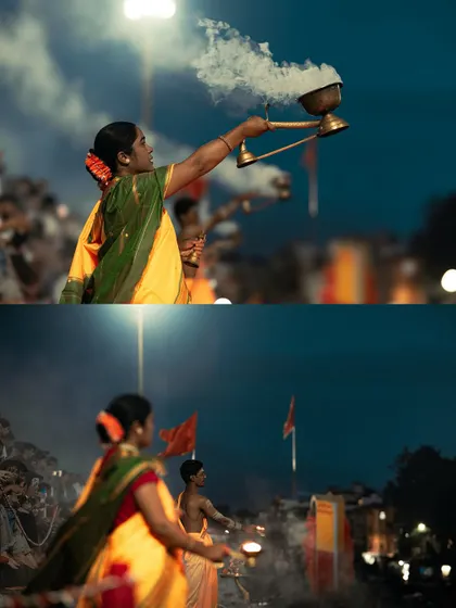 A diptych showing a woman offering prayers with a traditional brass incense burner during the Ganga Aarti. These images focus on the ritual and the faith behind it.