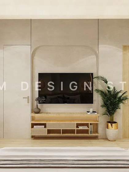 The TV wall in the Scandinavian-inspired bedroom features an arched niche and a floating console, maintaining a light and airy feel. A hidden door is seamlessly integrated into the design.