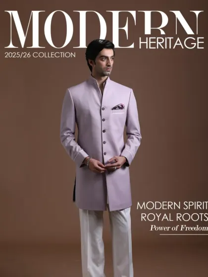 This image, from my Modern Heritage collection, features the lilac bandhgala. It encapsulates my philosophy of blending royal roots with a modern spirit, creating pieces that are both timeless and free-spirited.