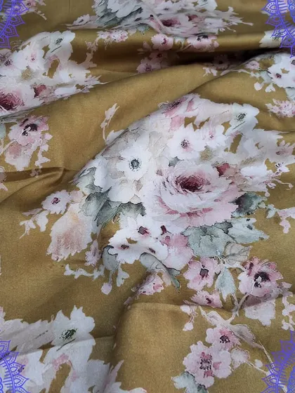 A mustard yellow fabric with a beautiful vintage-style floral digital print. This fabric would make a stunning dress or a stylish cord set.