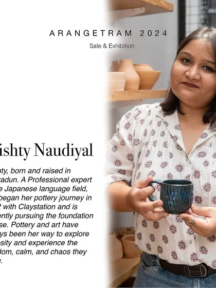 Srishty, a Japanese language expert, explores texture through slip work and carvings in her Arangetram collection. Using a vibrant color palette, she creates functional and decorative hand-built and wheel-thrown pieces, including vases, mugs, and ramen bowls.