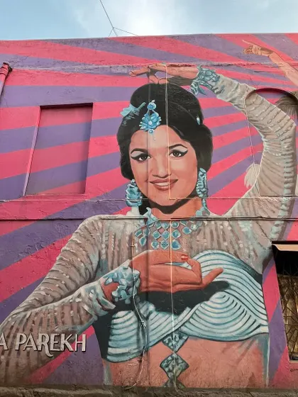 A vibrant mural of actress Asha Parekh on Chapel Road, Bandra, celebrating the golden era of Bollywood.