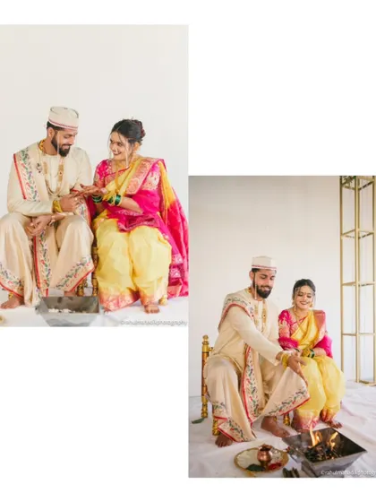 The couple participating in the 'homa' or sacred fire ritual, a central part of a Hindu wedding.
