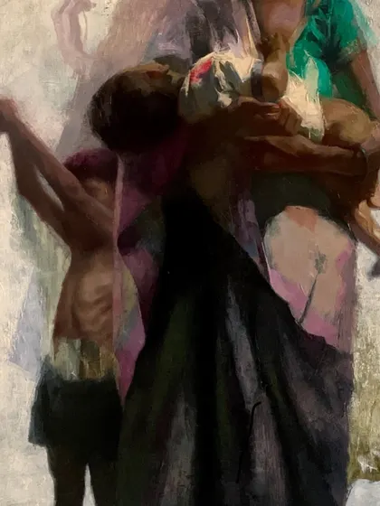 A detail from "Love & Hunger," focusing on the figures of the mother and children. The layered, almost translucent effect is used to convey memory, struggle, and the enduring maternal bond.