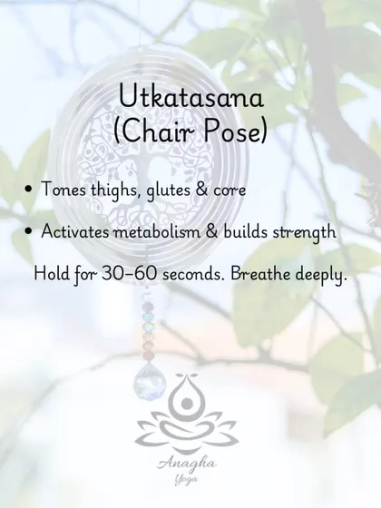 Utkatasana (Chair Pose) is a powerful asana for weight loss as it tones the thighs, glutes, and core while activating your metabolism.