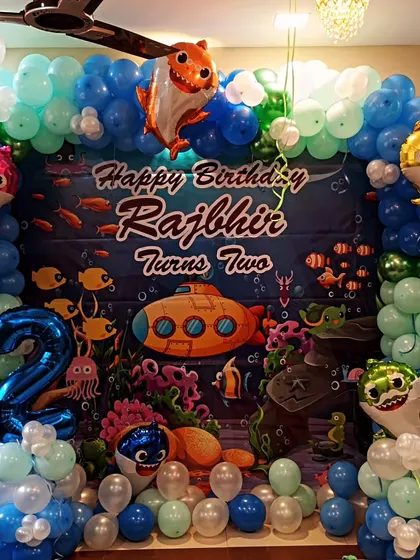 The full view of the Baby Shark party setup, ready for celebration.