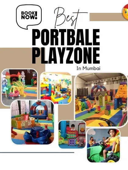 A collage of the best portable playzones in Mumbai. It features five different setups, including a large tented area, an indoor ball pit, and a child driving a green tractor.