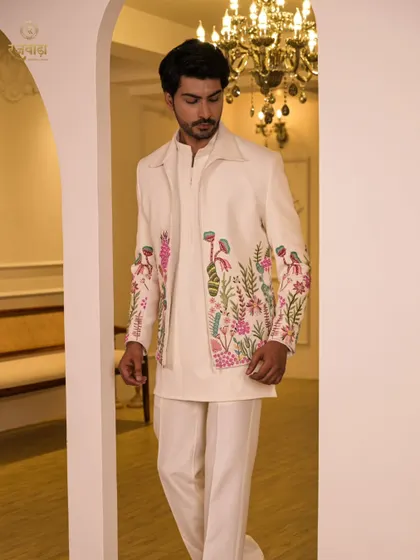 The ivory ensemble viewed from a slight distance, showing how it commands presence in a room. The wide lapels and intricate embroidery offer a unique take on the classic bandhgala.
