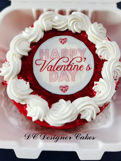 A classic red velvet bento cake for Valentine's Day. This mini cake comes with an edible "Happy Valentine's Day" print and a beautiful whipped cream border.