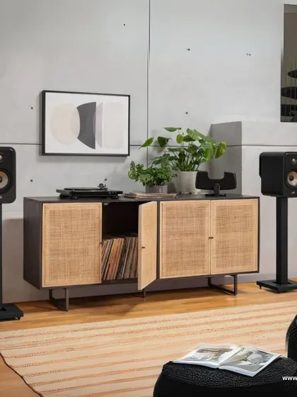 The Polk Signature Elite ES20 bookshelf speakers are shown here on stands, creating an ideal stereo listening setup. Their larger size compared to other bookshelf models in the series allows for deeper bass and a more powerful presentation.