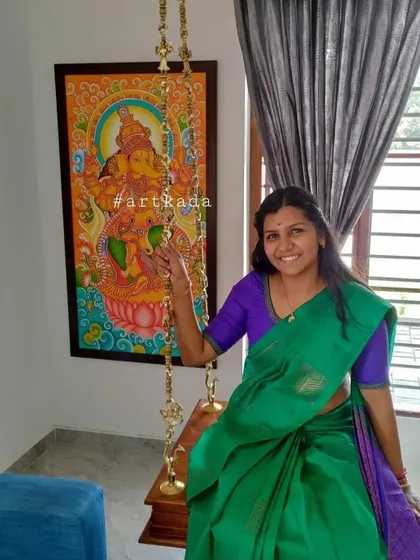 Happy Vinayaka Chaturthi. Here is a happy client with a Ganesha mural I painted for her home, perfectly placed next to a traditional swing.
