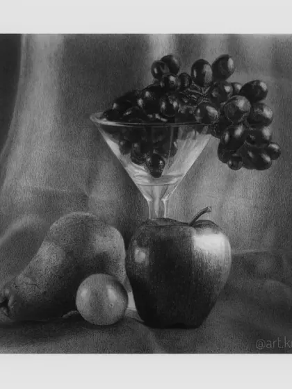 "A Stillness So True," a still life composition featuring grapes, an apple, a pear, and a lemon. This piece was a test of patience, capturing different textures and reflections.