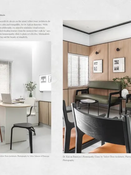A screenshot from the Elle Decor feature, showcasing the serene consultation room and waiting area of the clinic.
