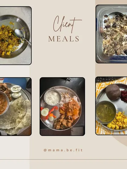 These are the kinds of delicious, balanced meals my clients eat. You can see paneer, dal, sabzi, and even overnight oats. This is what nourishing your body for results looks like.