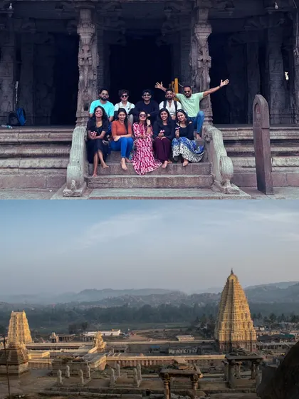 A collage showing our group exploring the ancient temples of Hampi.