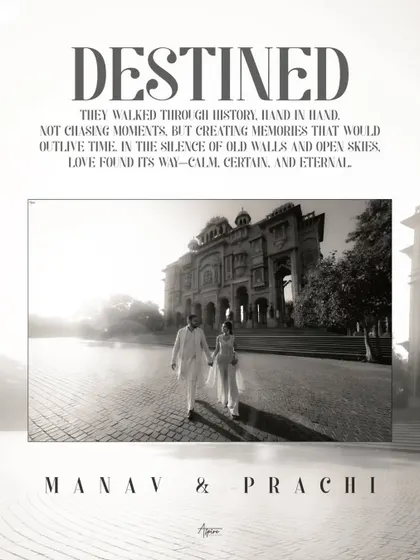 A black and white cinematic poster-style shot of Manav and Prachi walking hand-in-hand in Jaipur. This image captures the feeling of creating memories, not just chasing moments, against a backdrop of history.