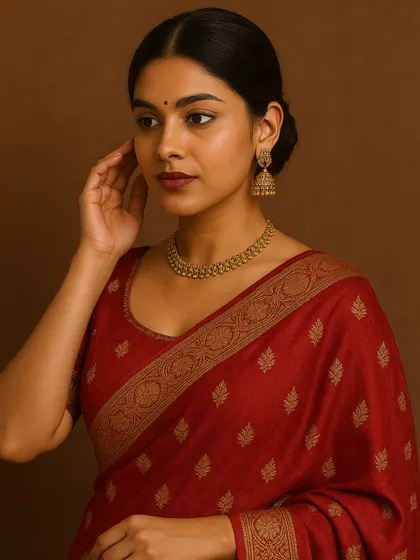 A slight turn away from the camera can add a touch of softness and contemplation. This profile shot highlights the delicate necklace and the beautiful texture of the Banarasi saree, showing a different mood from the same session.