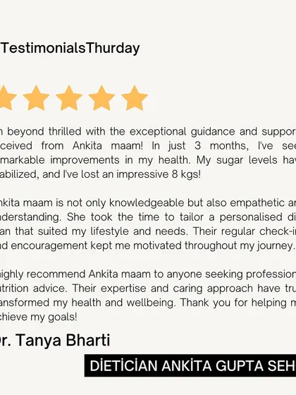 In just 3 months, Dr. Tanya stabilized her sugar levels and lost an impressive 8 kgs. My empathetic and personalized approach, with regular check-ins, kept her motivated throughout her journey.
