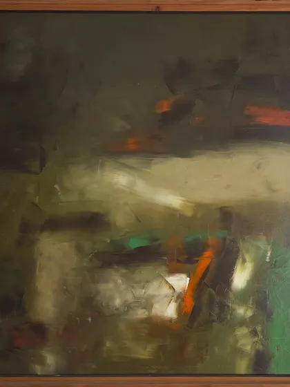 Adimoolam's serene green abstract painting, sized 44x48 inches, exudes tranquility with its subtle palette and soft brushstrokes, showcasing his mastery in capturing nature through abstract expressionism.