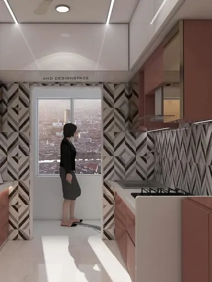 A 3D render of a kitchen with a bold black-and-white patterned tile backsplash. The design uses warm pinkish-brown cabinets and is connected to the living area via a breakfast bar, creating a semi-open layout.
