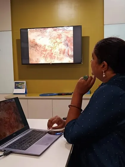 Deep in thought during my presentation at the Indian Music Experience museum, analyzing ancient rock art related to music and dance.