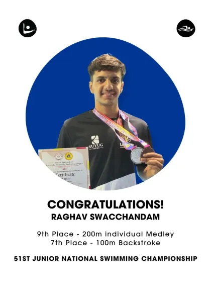 Raghav Swacchandam's official congratulations graphic for his performance at the Junior National Swimming Championship.