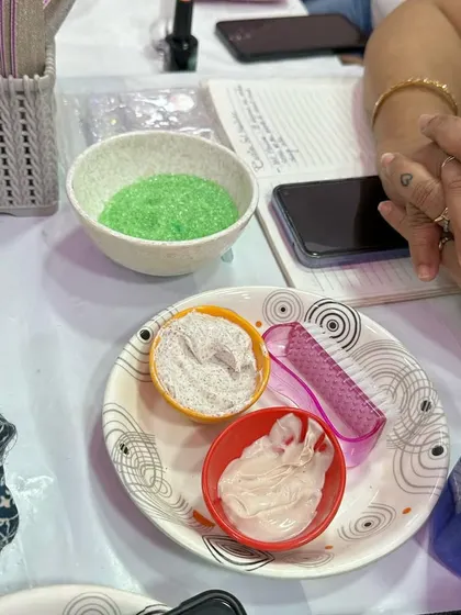 A look at the high-quality products we use in the Russian Gel Manicure workshop, including scrubs, creams, and soaks.
