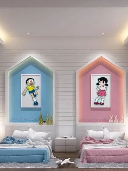 This shared bedroom brings the world of cartoons to life with large, colorful portraits of Doraemon characters above each bed, creating a fun and personalized space for fans.