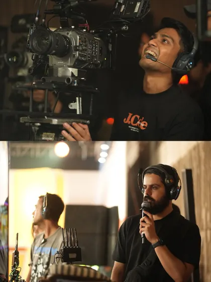 Behind the scenes of a CRED commercial shoot with Karan Johar, produced by Dharma 2.0. This collage shows our crew and equipment in a professional studio environment.