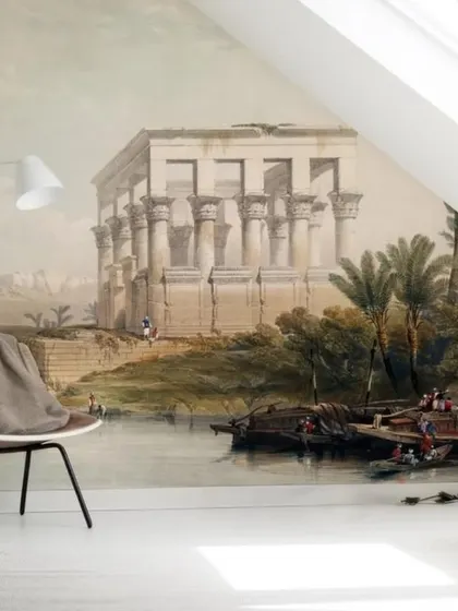 A vintage landscape painting of an ancient temple by the water, turned into a full-wall mural for a touch of classic art and history.