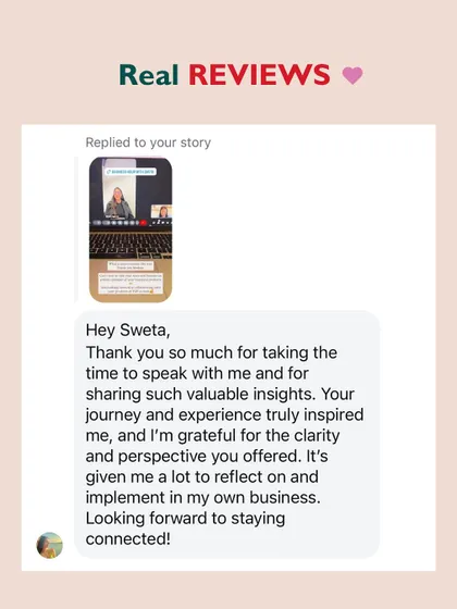 A screenshot of a heartfelt message from a founder who felt inspired and gained valuable insights after her session. Real reviews from real entrepreneurs.