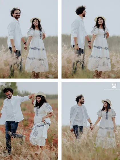 A collage showing the couple walking and interacting in a field. This captures the feeling of a journey and the simple joy of being together.