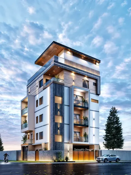 A striking 3D render of a 35'x40' multi-level home in Bangalore, demonstrating a sophisticated play of volumes, textures, and exterior lighting.