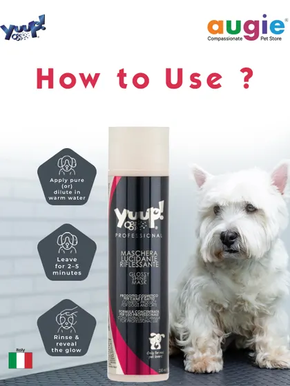 Here's how to use the Yuup! Glossy Shine Mask. Apply it pure or diluted in warm water, leave it on for 2-5 minutes, then rinse to reveal a beautiful, healthy glow.