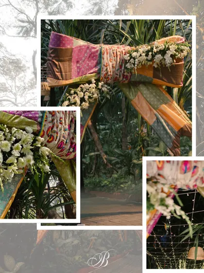 A collage detailing the magnificent 12-foot entrance bow made from various brocade fabrics. The addition of fresh white flowers softens the look and adds a touch of elegance.