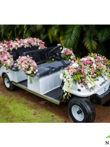 Even the transportation can be a part of the decor. This buggy cart is beautifully decorated with pink and white roses, ready to ferry the bride or guests in style.