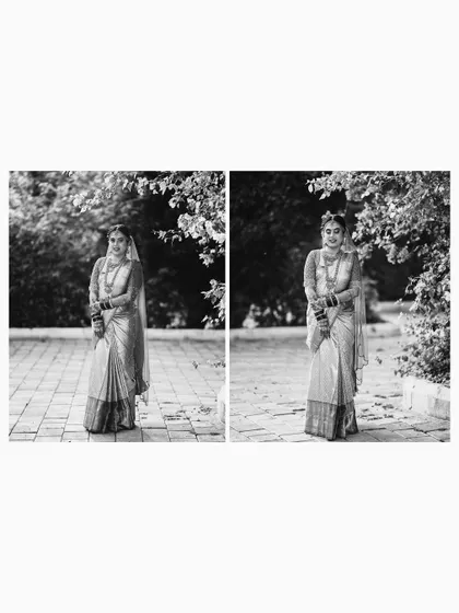 A black and white diptych of the bride's elegant full-length portraits.