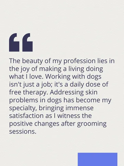 A quote from our head groomer: "Working with dogs isn't just a job; it's a daily dose of free therapy." Her specialty is addressing skin problems and seeing the positive changes after a grooming session.